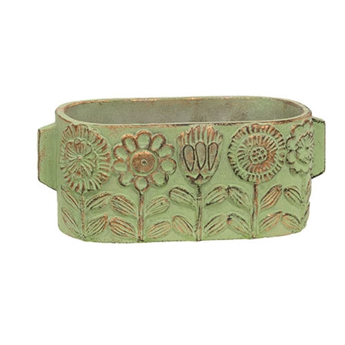 Flower Garden Embossed Distressed Green Cement Oval Planter