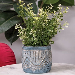 Distressed Blue Aztec Embossed Cement Planter