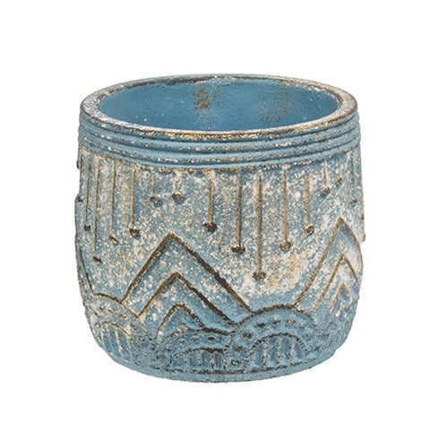 Distressed Blue Aztec Embossed Cement Planter