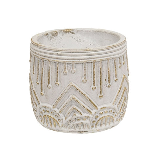 Gold Distressed White Aztec Embossed Cement Planter