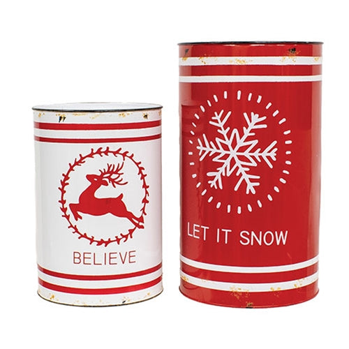 2/Set Let It Snow & Believe Distressed Metal Buckets