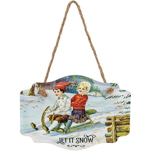 Let It Snow Vintage Sledding Children Embossed Metal Hanger