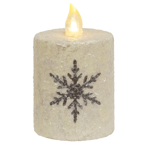 Glitter Snowflake Flicker Flame Timer Pillar 2"x3"