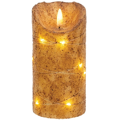 Burnt Ivory LED Wrapped Flicker Flame Timer Pillar 6"