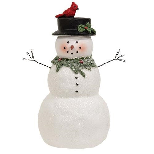 Resin Frosted Snowman w/Holly & Cardinal