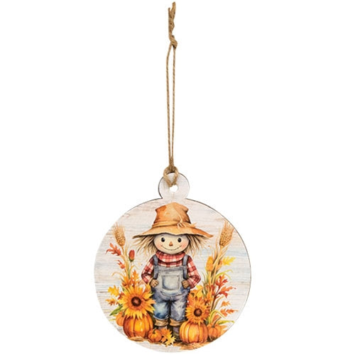 Scarecrow Boy in Pumpkin Patch Round Wooden Ornament