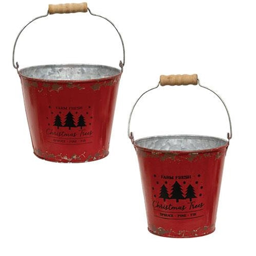 2/Set Farm Fresh Christmas Trees Distressed Red Metal Buckets