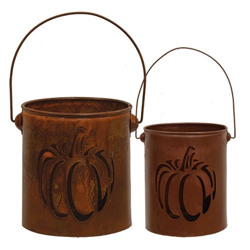 2/Set Rusty Metal Pumpkin Cutout Buckets