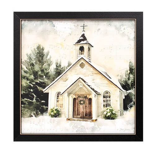 Country Church at Christmas Framed Print 8" Sq.