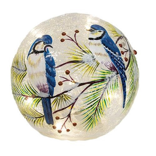 Snowy Blue Jay Couple Light Up Ball Ornament