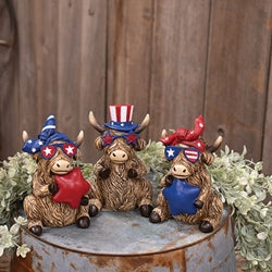 Resin Patriotic Highland Cow Sitter 3 Asstd.