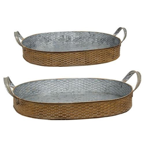 2/Set Basket Weave Embossed Metal Oval Trays