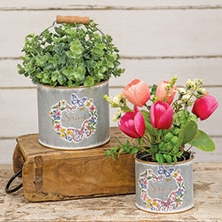 2/Set Butterfly Floral Spring Distressed Metal Buckets