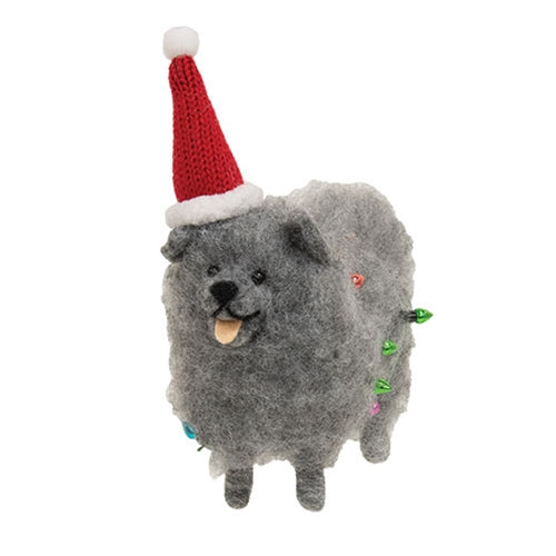 Fluffy Gray Dog with Christmas Lights Felted Ornament