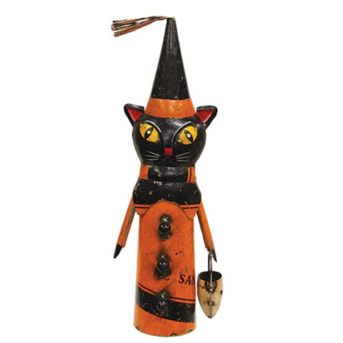 Vintage Metal Witch Cat w/Skull Candy Bucket