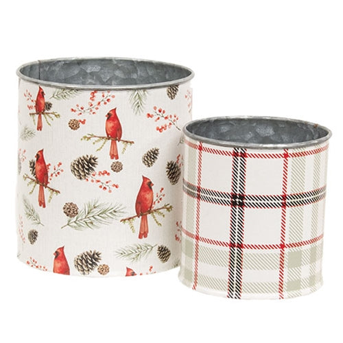 2/Set Pine & Plaid Cardinal Metal Buckets