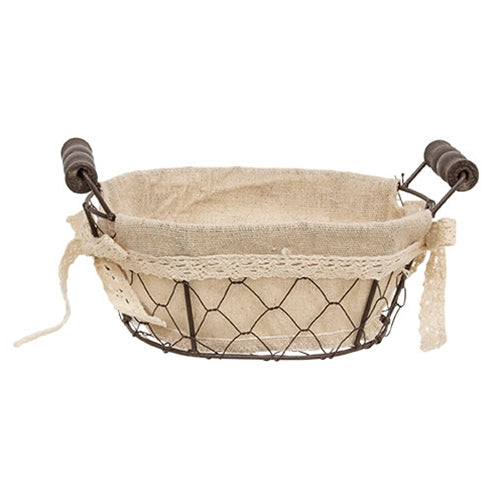 Fabric Lined Chicken Wire Basket w/Handles - 8" x 5"