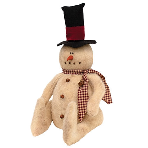 Stuffed Sitting Snowman w/Top Hat & Gingham Scarf