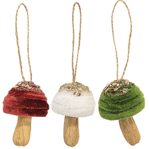 Velvet Glittered Mushroom Ornament 3 Asstd.