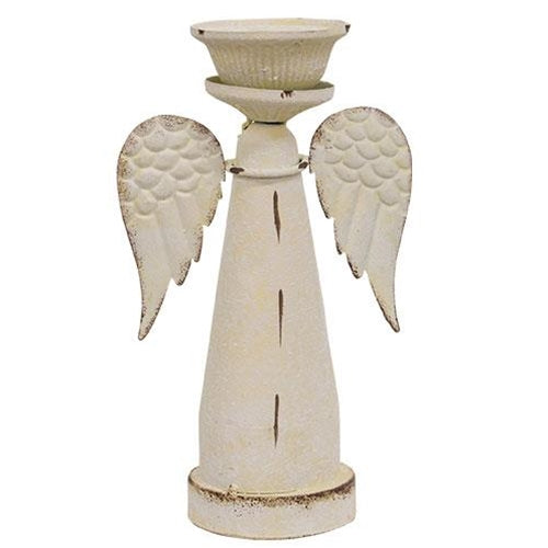 Distressed White Metal Snowy Angel Pillar Holder