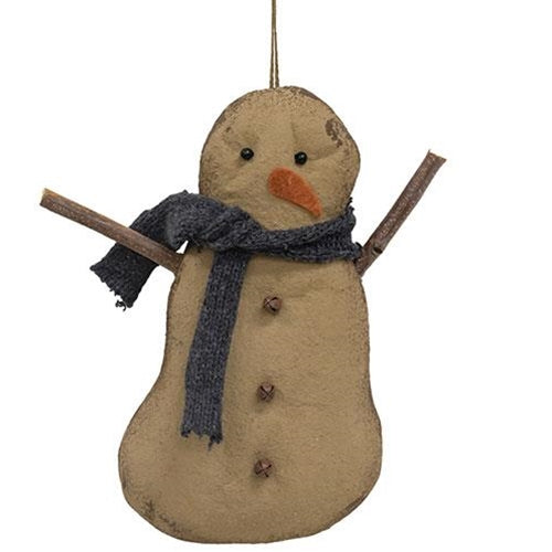 Stiffened Fabric Jingle Bell & Blue Scarf Primitive Snowman Ornament