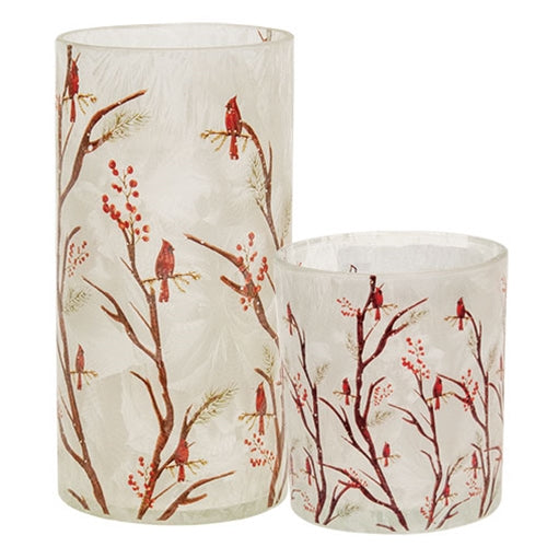 2/Set Frosted Glass Woodland Cardinal Pillar Holders