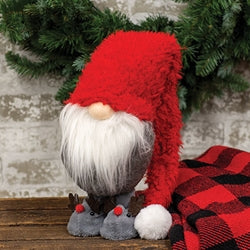 Fluffy Red Standing Gnome w/ Reindeer Slippers