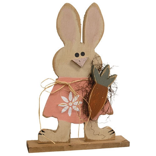 Rustic Wood Standing Girl Bunny w/Carrot on Base