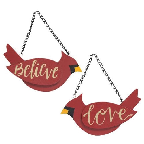 2/Set Believe & Love Wooden Cardinal Ornaments