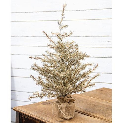 Antiqued Silver Tinsel Tree w/Burlap Base 2ft