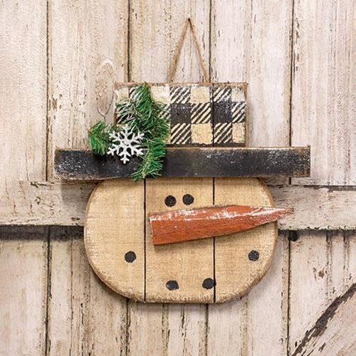 Rustic Wood Buffalo Check Top Hat Snowman Hanger