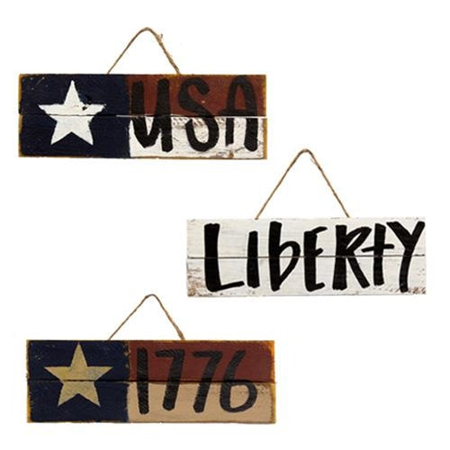 Skinny Distressed Lath Hanging Americana Sign 3 Asstd.