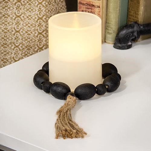 Black Distressed Wood Oval Bead Candle Ring w/Jute Tassel