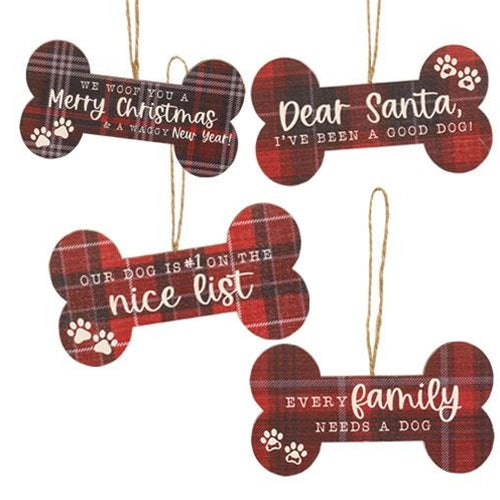 We Woof You A Merry Christmas Plaid Dog Bone Ornament 4 Asstd.