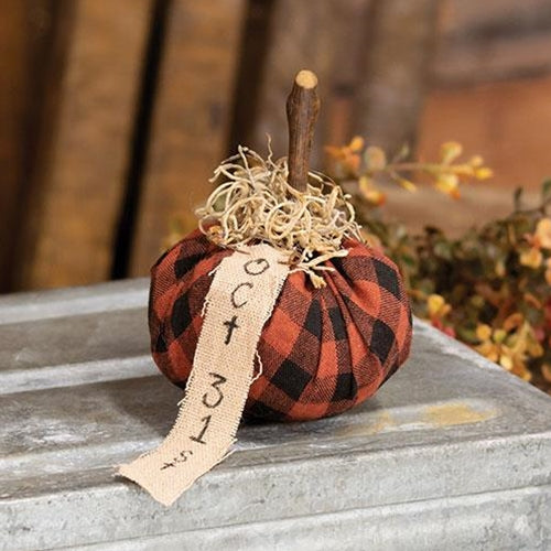 Burnt Orange & Black Stuffed "October 31st" Mini Pumpkin