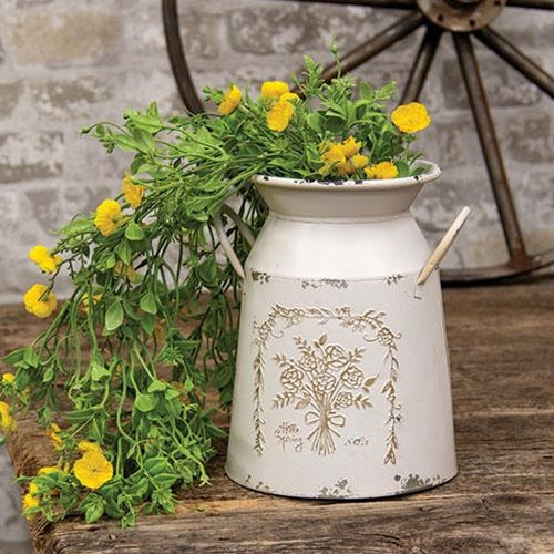 Hello Spring Flowers Embossed Cream Milk Can