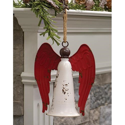 Distressed Metal Angel Bell (2pc White Bell Red Wings)